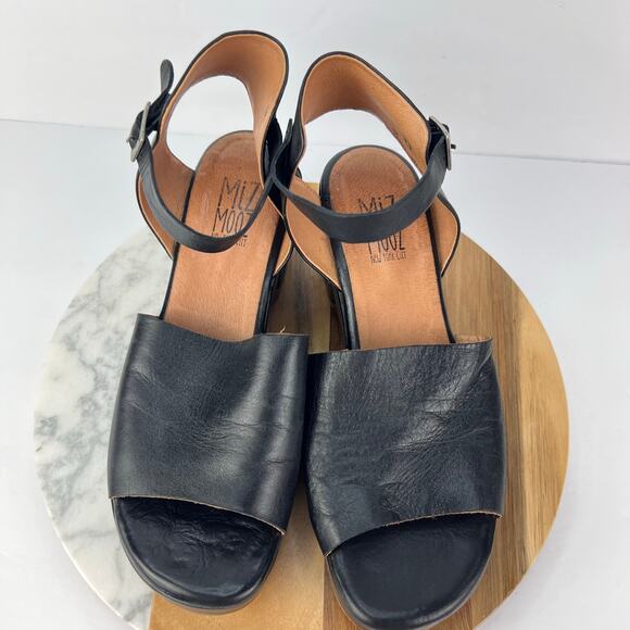 Miz Mooz Gia 39 Black Chunky Platform Ankle Strap Soft Leather Sandal Heel Boho - Picture 2 of 12